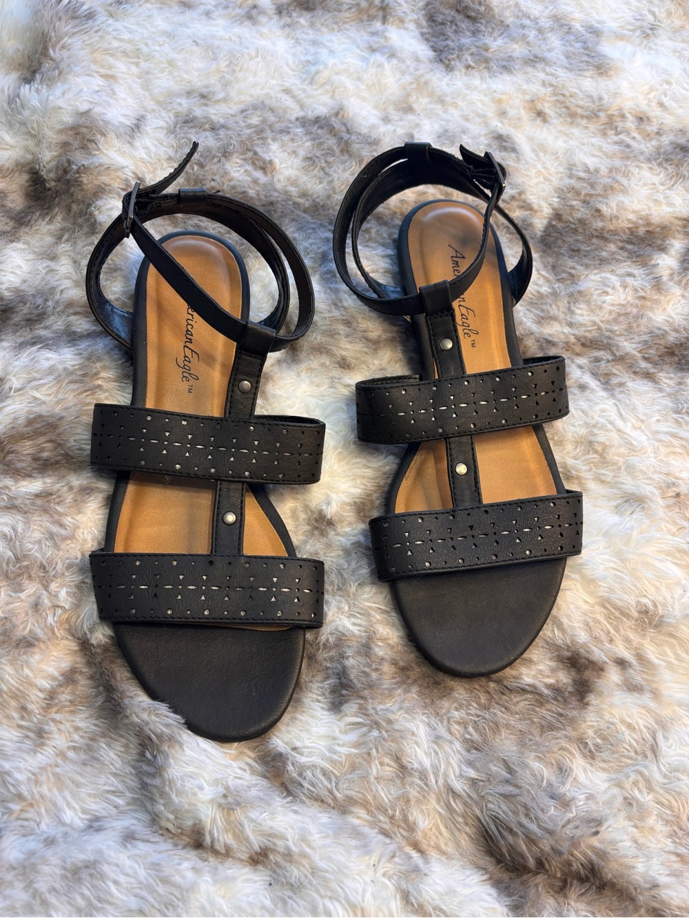 American Eagle Outfitters Black Studded Triple-Strap Ankle Sandals